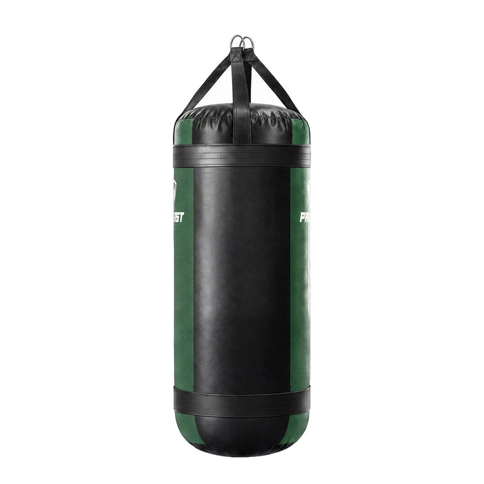 PROLAST 4 ft XL 150 lb stock heavy bag, green with black trims and straps, side panel view, 4-panel construction