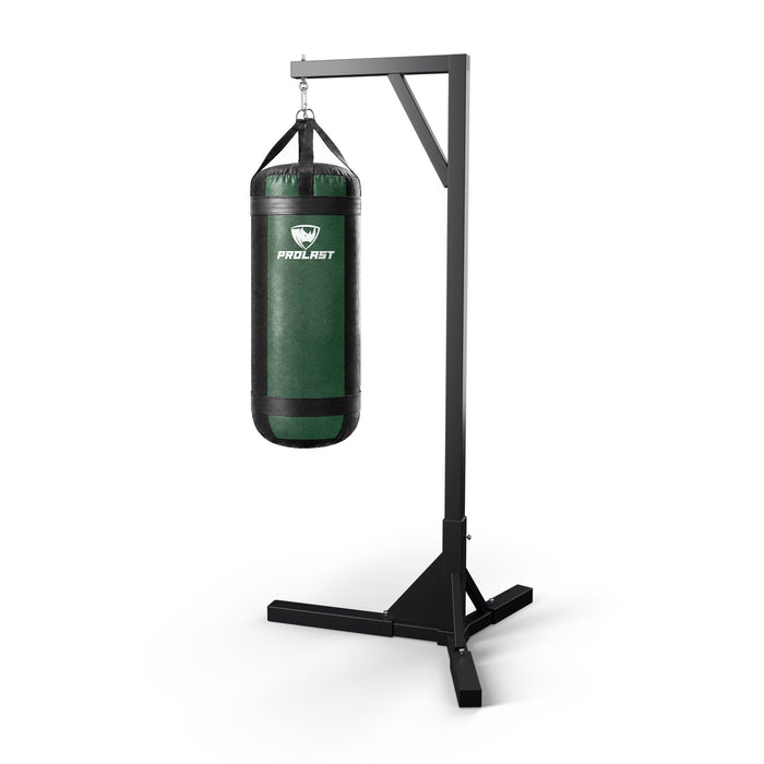 PROLAST 4 ft XL 150 lb stock heavy bag, green, hanging from a PROLAST single bag stand on a steel snap hook through its D-rings (stand sold separately)