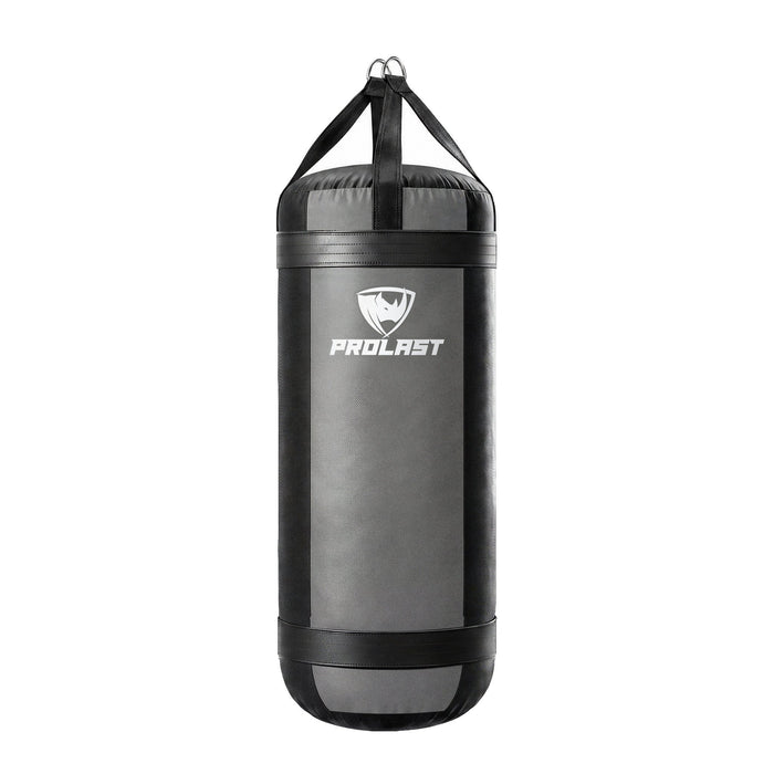 PROLAST 4 ft XL 150 lb stock heavy bag, smoke grey with black trims and straps, front view with the PROLAST logo