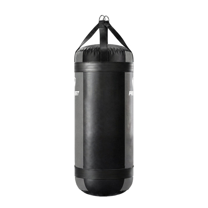 PROLAST 4 ft XL 150 lb stock heavy bag, smoke grey with black trims and straps, side panel view, 4-panel construction