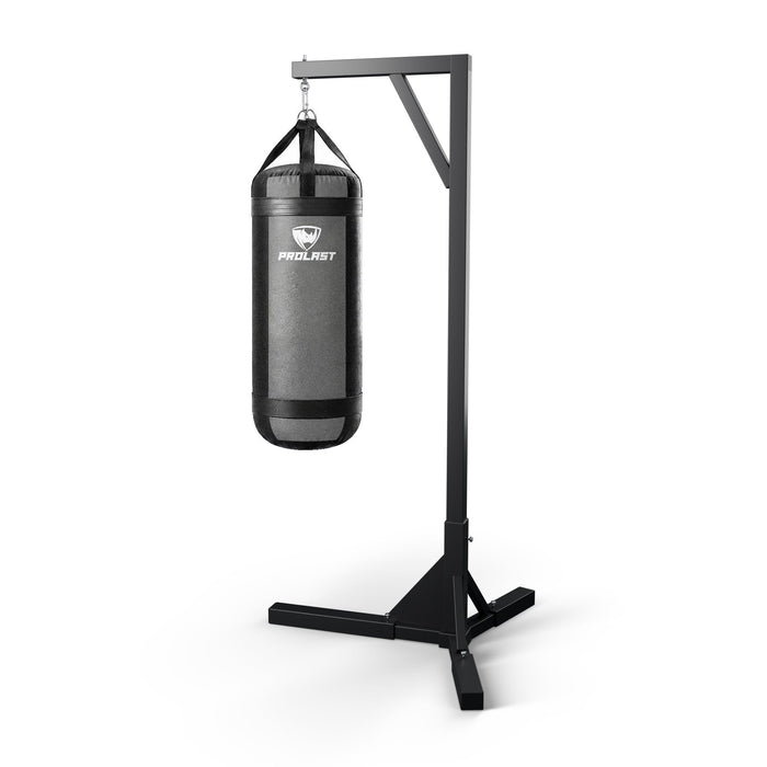 PROLAST 4 ft XL 150 lb stock heavy bag, smoke grey, hanging from a PROLAST single bag stand on a steel snap hook through its D-rings (stand sold separately)