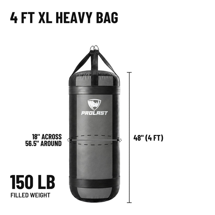 4 ft XL 150 lb heavy bag: 48 in body, 18 in across, 56.5 in around, 150 lb filled