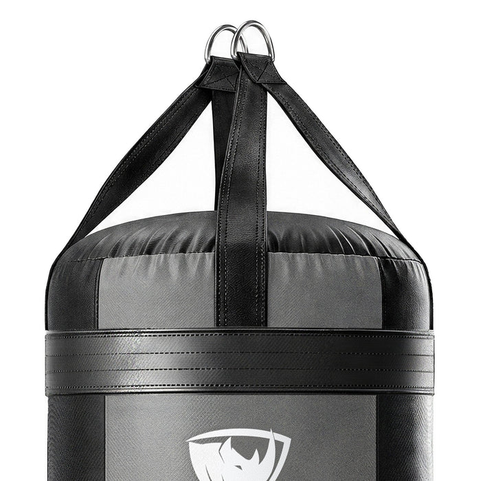 Close-up of the 4 ft XL 150 lb heavy bag: four hanging straps, one per panel, box-X stitching and two heavy steel D-rings