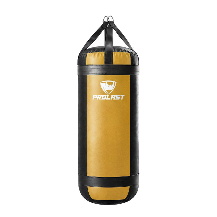 PROLAST 4 ft XL 150 lb stock heavy bag, yellow with black trims and straps, front view with the PROLAST logo