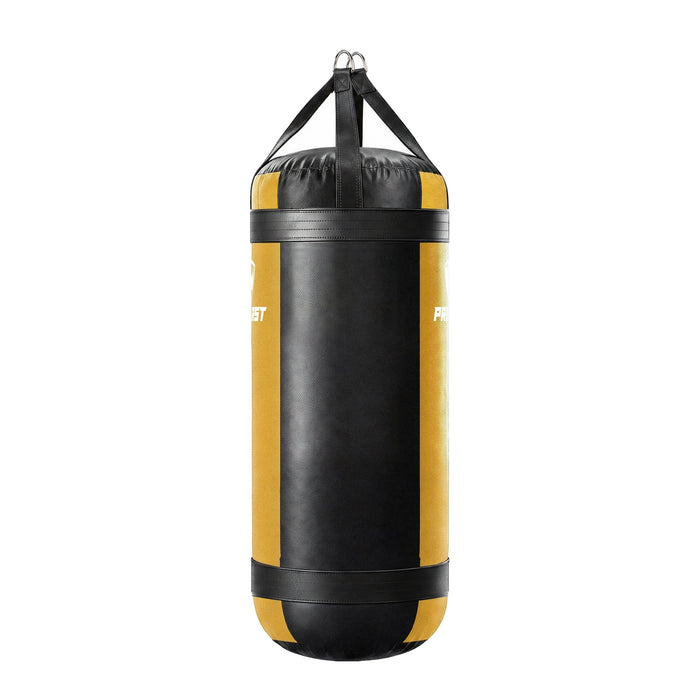 PROLAST 4 ft XL 150 lb stock heavy bag, yellow with black trims and straps, side panel view, 4-panel construction