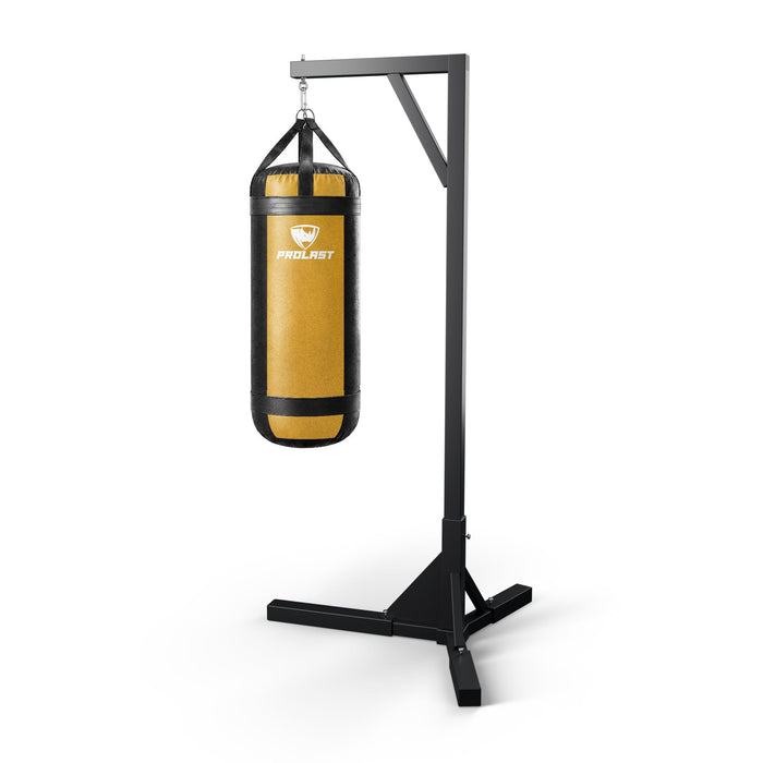PROLAST 4 ft XL 150 lb stock heavy bag, yellow, hanging from a PROLAST single bag stand on a steel snap hook through its D-rings (stand sold separately)