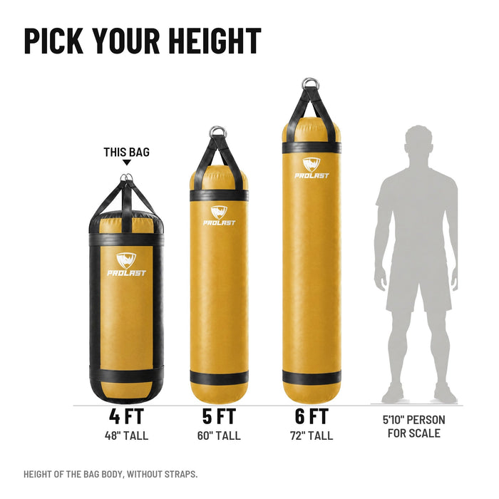 Height guide: 4, 5 and 6 ft PROLAST heavy bags in yellow to scale next to a 5 ft 10 in person; this bag is the 4 ft XL 150 lb