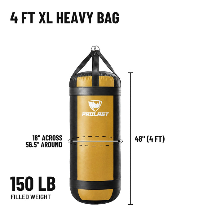 4 ft XL 150 lb heavy bag: 48 in body, 18 in across, 56.5 in around, 150 lb filled