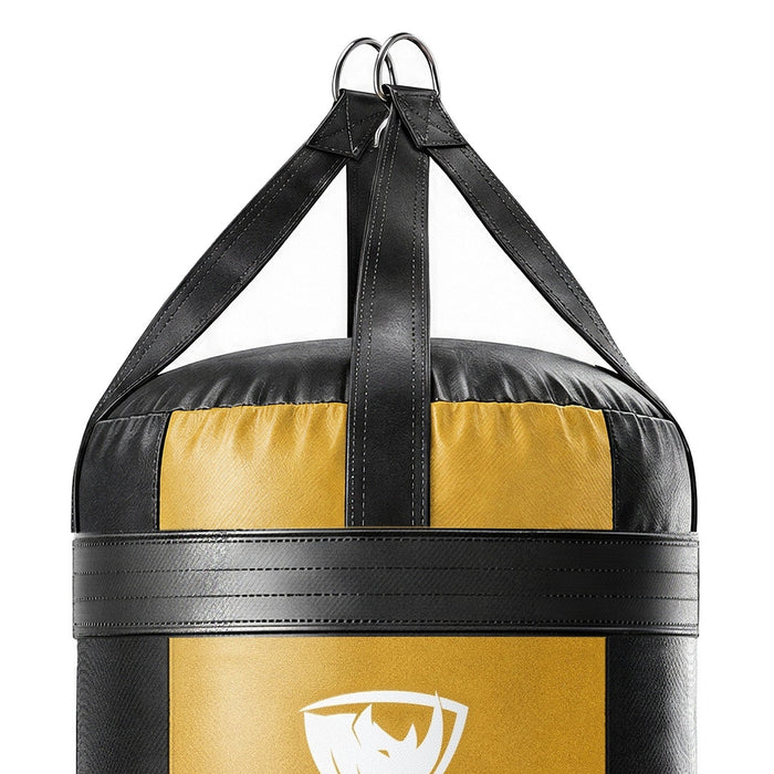 Close-up of the 4 ft XL 150 lb heavy bag: four hanging straps, one per panel, box-X stitching and two heavy steel D-rings