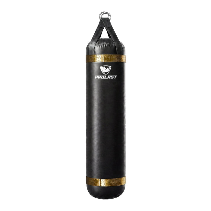 PROLAST 5 ft 100 lb stock heavy bag, black with gold alligator trims, front view with the PROLAST logo