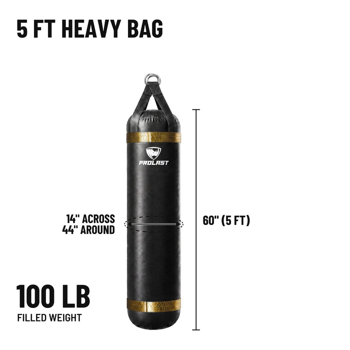 5 ft 100 lb heavy bag: 60 in body, 14 in across, 44 in around, 100 lb filled