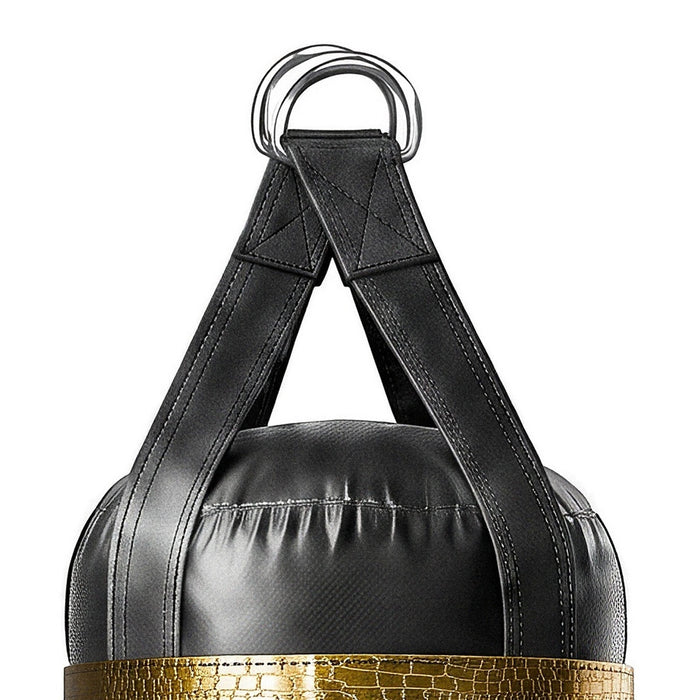 Close-up of the 5 ft 100 lb heavy bag: hanging straps box-X stitching and two heavy steel D-rings