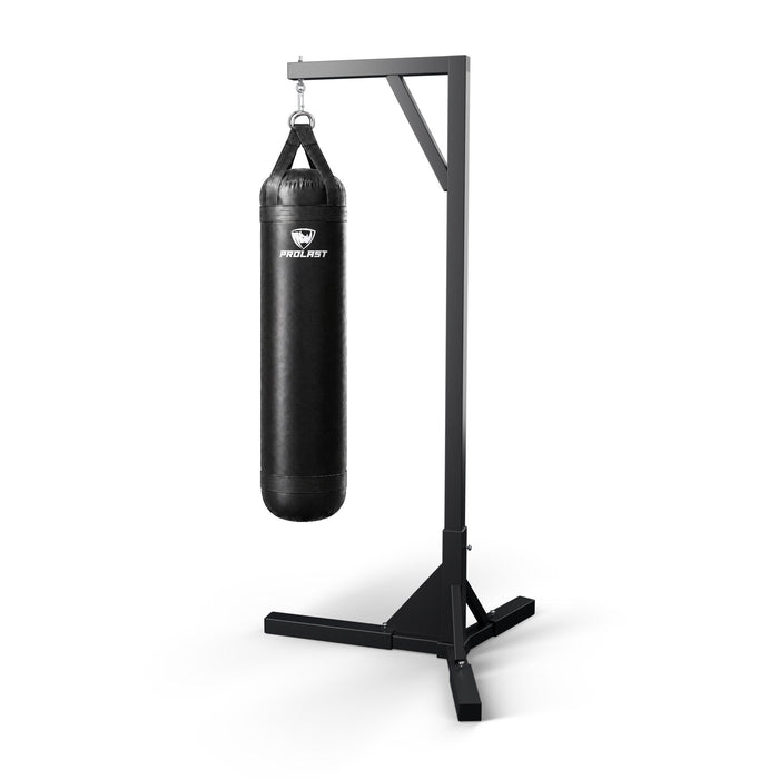 PROLAST 5 ft 100 lb stock heavy bag, black, hanging from a PROLAST single bag stand on a steel snap hook through its D-rings (stand sold separately)