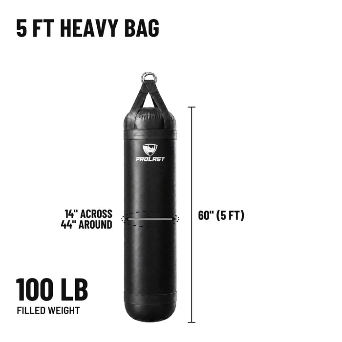 5 ft 100 lb heavy bag: 60 in body, 14 in across, 44 in around, 100 lb filled