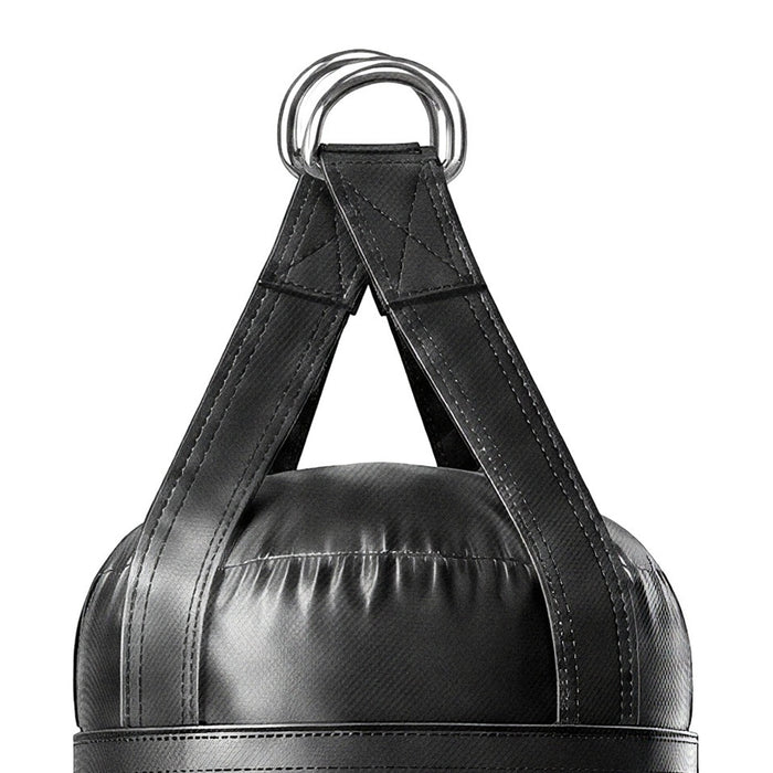 Close-up of the 5 ft 100 lb heavy bag: hanging straps box-X stitching and two heavy steel D-rings