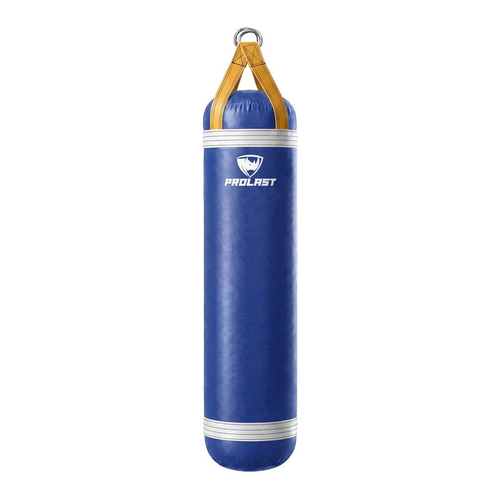 PROLAST 5 ft 100 lb stock heavy bag, royal blue with white trims and yellow straps, front view with the PROLAST logo