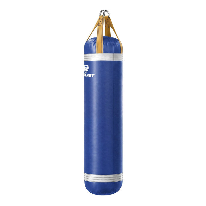 PROLAST 5 ft 100 lb stock heavy bag, royal blue with white trims and yellow straps, side view