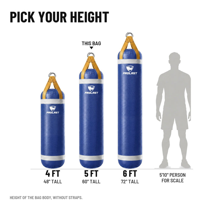 Height guide: 4, 5 and 6 ft PROLAST heavy bags in royal blue with white trims and yellow straps to scale next to a 5 ft 10 in person; this bag is the 5 ft 100 lb