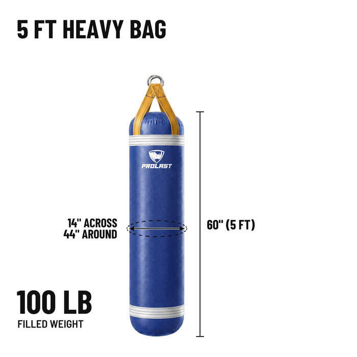 5 ft 100 lb heavy bag: 60 in body, 14 in across, 44 in around, 100 lb filled