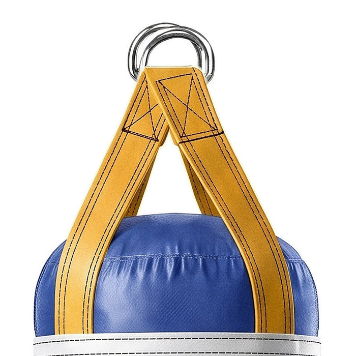 Close-up of the 5 ft 100 lb heavy bag: hanging straps box-X stitching and two heavy steel D-rings