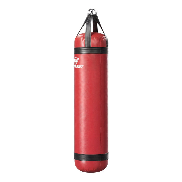 PROLAST 5 ft 100 lb stock heavy bag, red with black trims and straps, side view