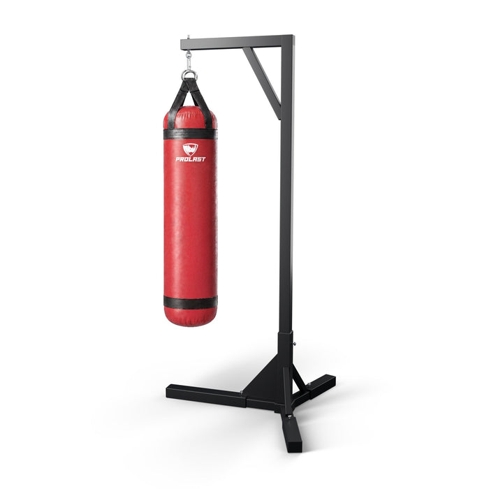 PROLAST 5 ft 100 lb stock heavy bag, red, hanging from a PROLAST single bag stand on a steel snap hook through its D-rings (stand sold separately)