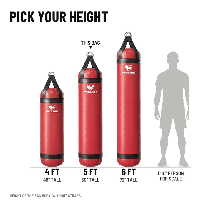 Height guide: 4, 5 and 6 ft PROLAST heavy bags in red to scale next to a 5 ft 10 in person; this bag is the 5 ft 100 lb