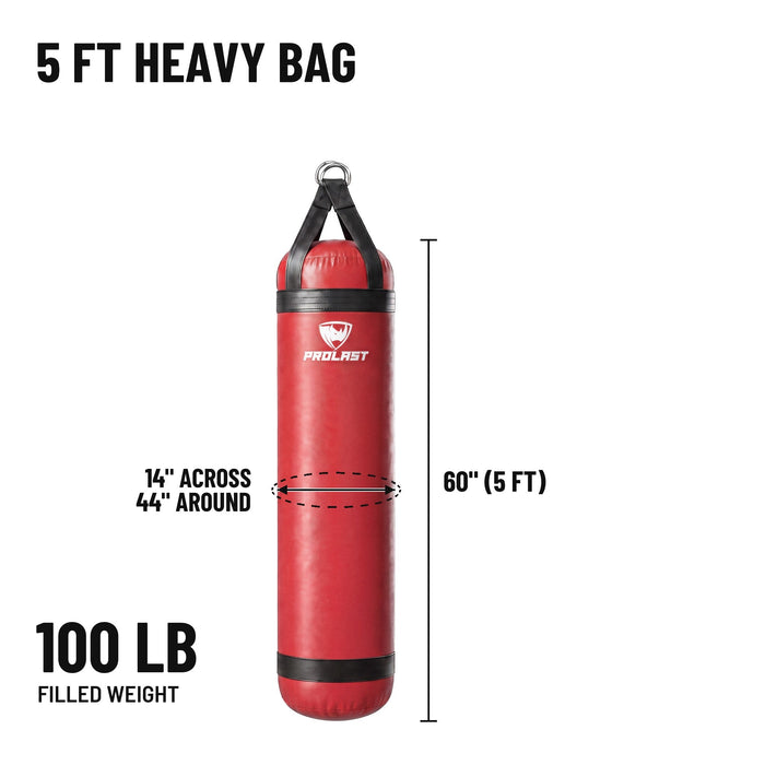 5 ft 100 lb heavy bag: 60 in body, 14 in across, 44 in around, 100 lb filled