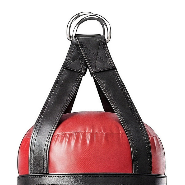 Close-up of the 5 ft 100 lb heavy bag: hanging straps box-X stitching and two heavy steel D-rings