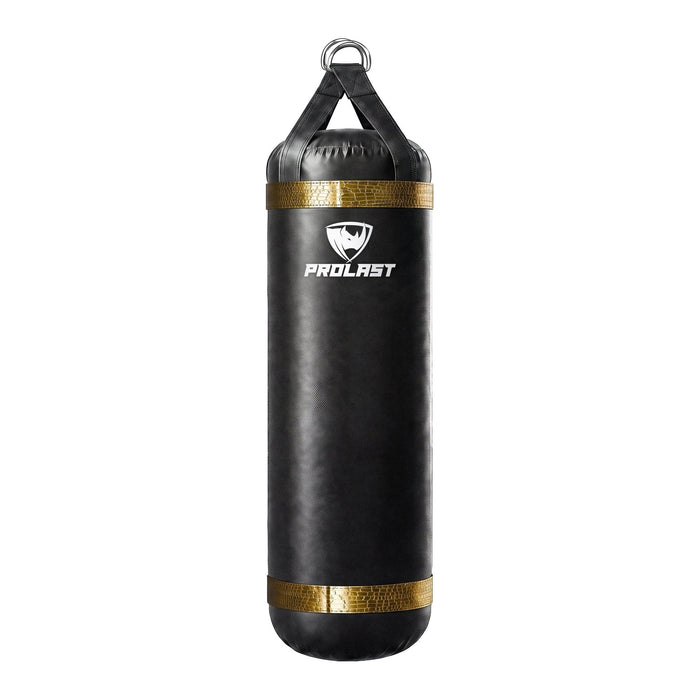 PROLAST 5 ft XL 200 lb stock heavy bag, black with gold alligator trims, front view with the PROLAST logo