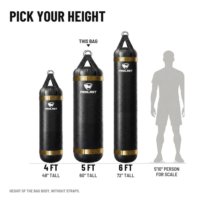 Height guide: 4, 5 and 6 ft PROLAST heavy bags in black with gold trims to scale next to a 5 ft 10 in person; this bag is the 5 ft XL 200 lb