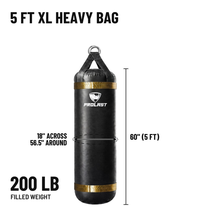 5 ft XL 200 lb heavy bag: 60 in body, 18 in across, 56.5 in around, 200 lb filled