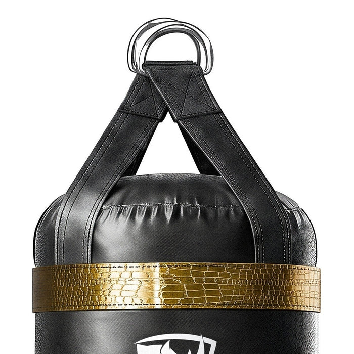 Close-up of the 5 ft XL 200 lb heavy bag: hanging straps box-X stitching and two heavy steel D-rings