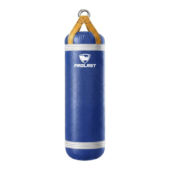 PROLAST 5 ft XL 200 lb stock heavy bag, royal blue with white trims and yellow straps, front view with the PROLAST logo