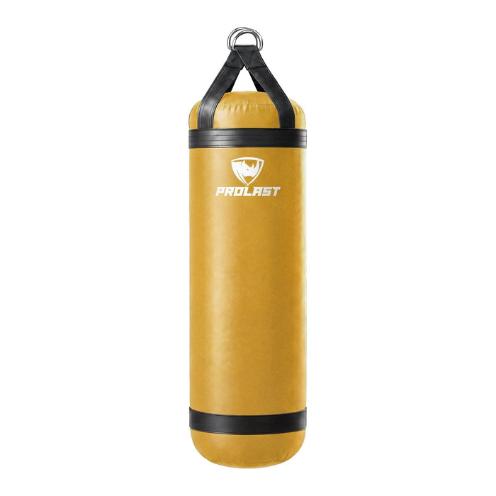 PROLAST 5 ft XL 200 lb stock heavy bag, yellow with black trims and straps, front view with the PROLAST logo