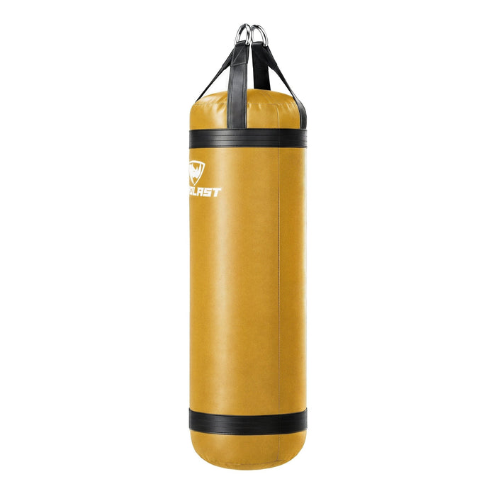 PROLAST 5 ft XL 200 lb stock heavy bag, yellow with black trims and straps, side view