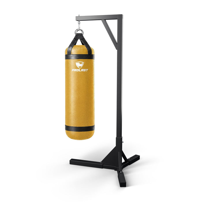 PROLAST 5 ft XL 200 lb stock heavy bag, yellow, hanging from a PROLAST single bag stand on a steel snap hook through its D-rings (stand sold separately)