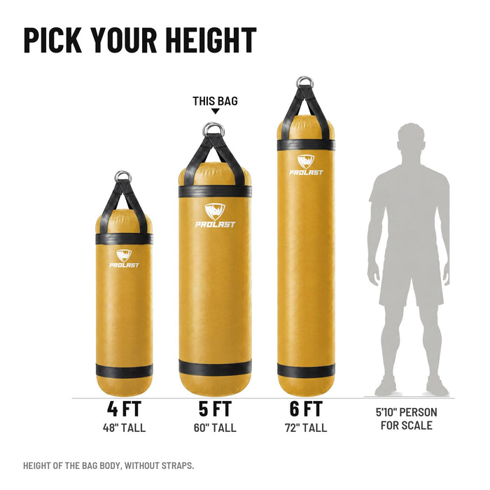 Height guide: 4, 5 and 6 ft PROLAST heavy bags in yellow to scale next to a 5 ft 10 in person; this bag is the 5 ft XL 200 lb