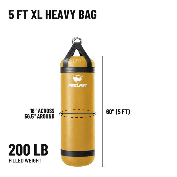 5 ft XL 200 lb heavy bag: 60 in body, 18 in across, 56.5 in around, 200 lb filled