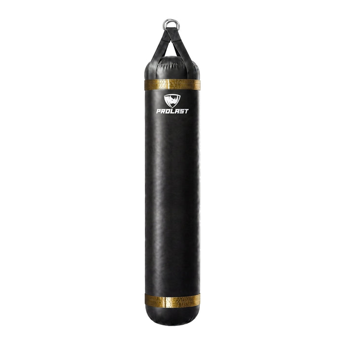 PROLAST 6 ft 150 lb stock heavy bag, black with gold alligator trims, front view with the PROLAST logo