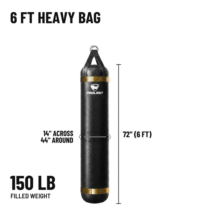 6 ft 150 lb heavy bag: 72 in body, 14 in across, 44 in around, 150 lb filled