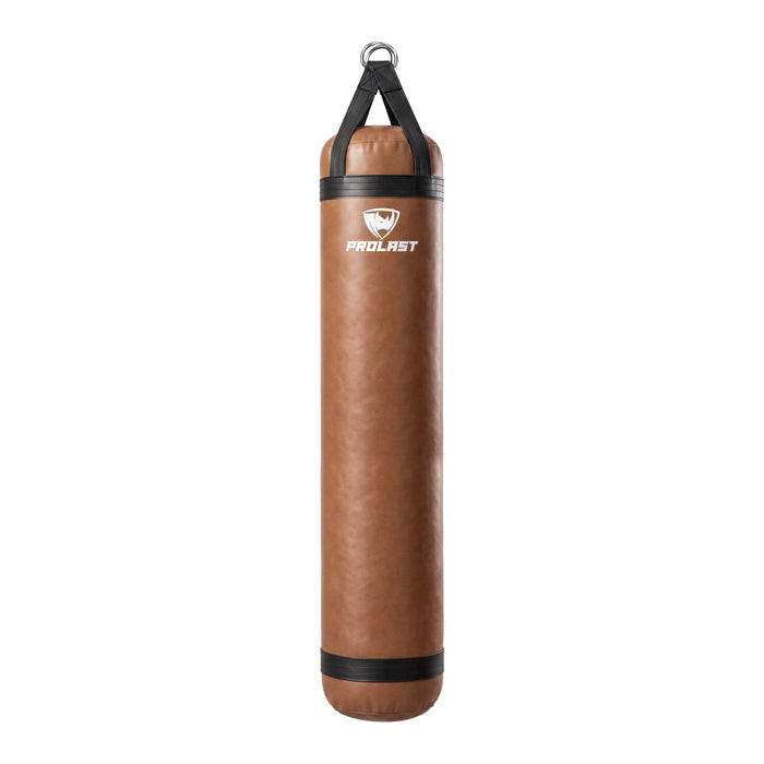 PROLAST 6 ft 150 lb stock heavy bag, brown with black trims and straps, front view with the PROLAST logo