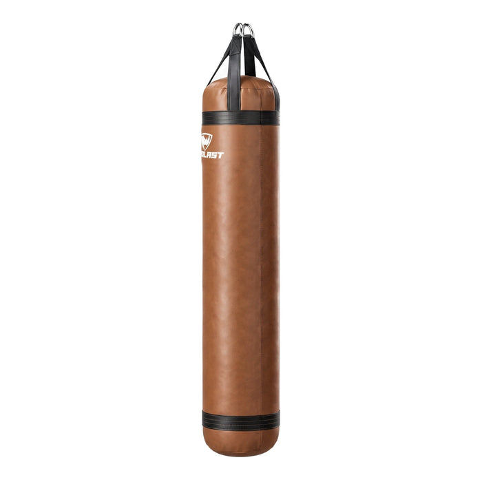 PROLAST 6 ft 150 lb stock heavy bag, brown with black trims and straps, side view
