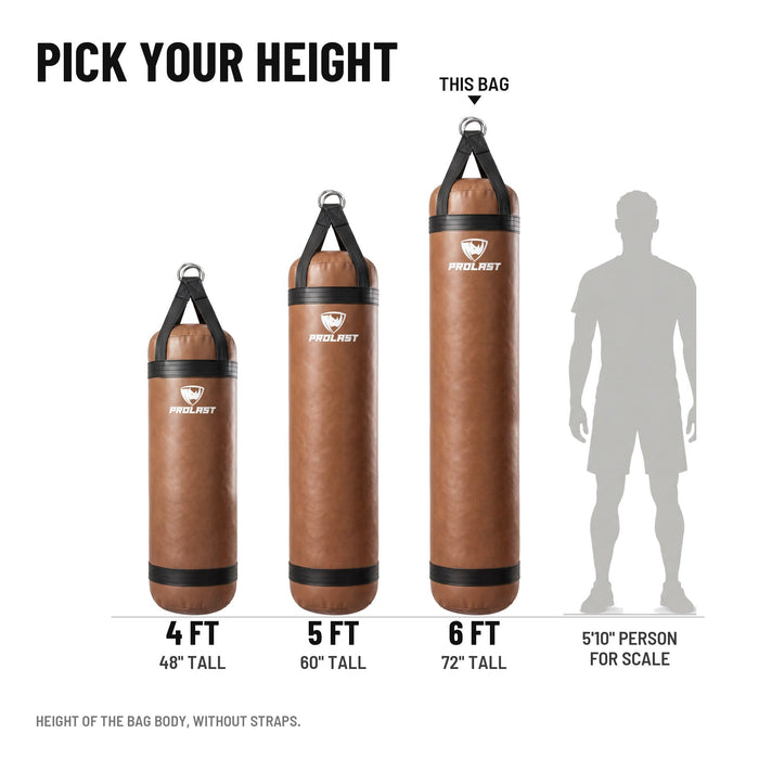 Height guide: 4, 5 and 6 ft PROLAST heavy bags in brown to scale next to a 5 ft 10 in person; this bag is the 6 ft 150 lb