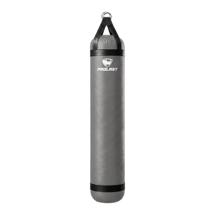 PROLAST 6 ft 150 lb stock heavy bag, smoke grey with black trims and straps, front view with the PROLAST logo