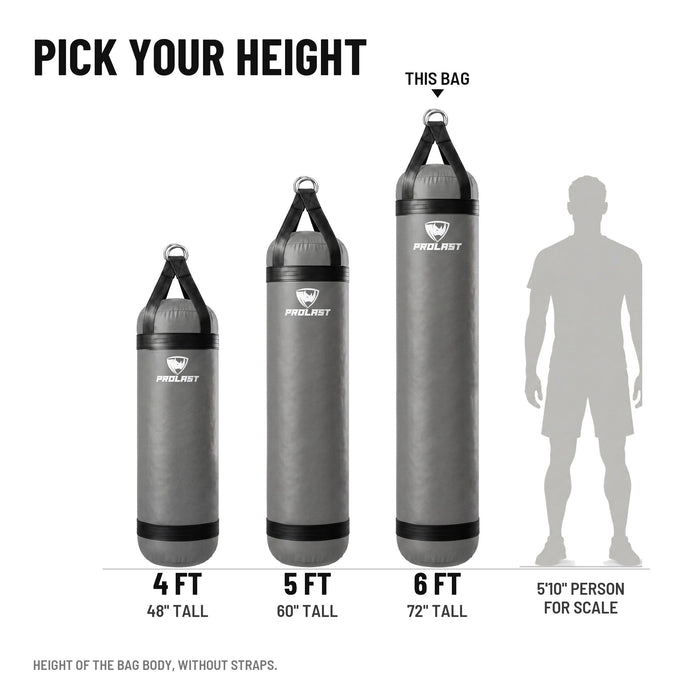Height guide: 4, 5 and 6 ft PROLAST heavy bags in smoke grey to scale next to a 5 ft 10 in person; this bag is the 6 ft 150 lb