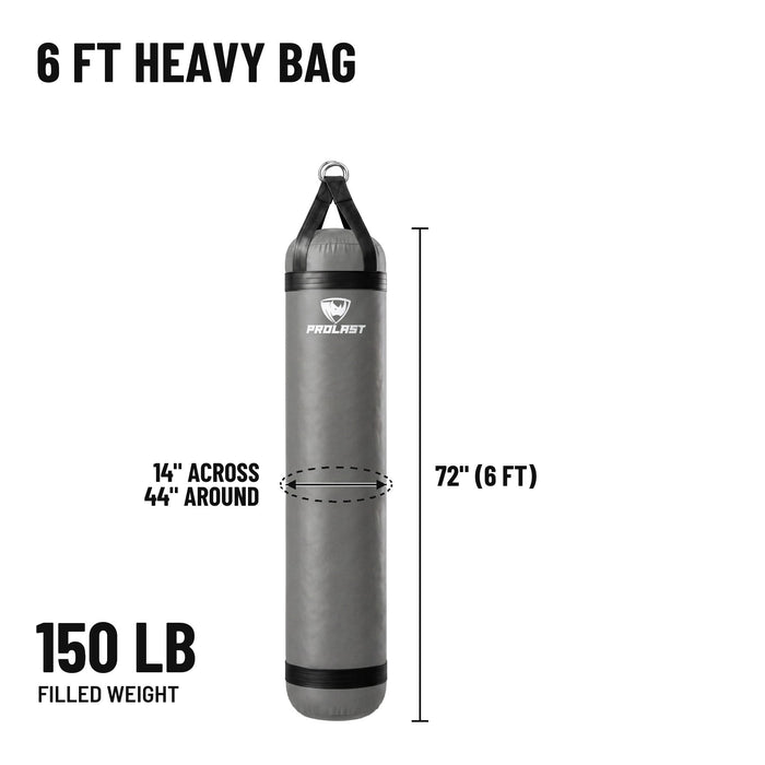 6 ft 150 lb heavy bag: 72 in body, 14 in across, 44 in around, 150 lb filled