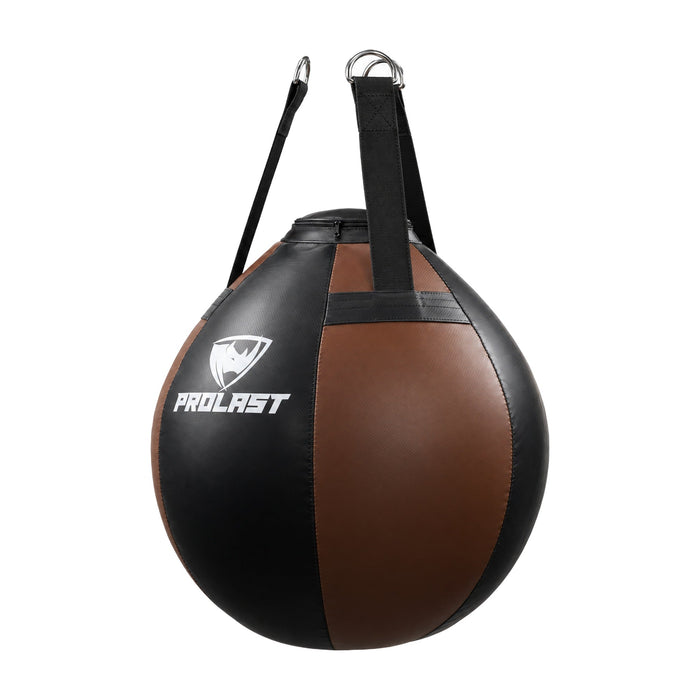 PROLAST black and brown wrecking ball heavy bag turned to show a side panel