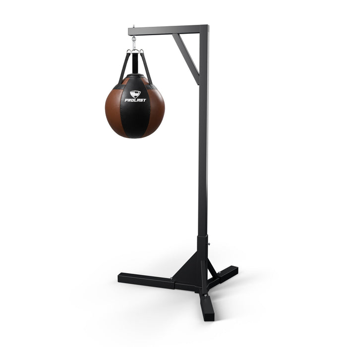 PROLAST black and brown wrecking ball heavy bag hanging from a PROLAST single bag stand on a steel snap hook (stand sold separately)