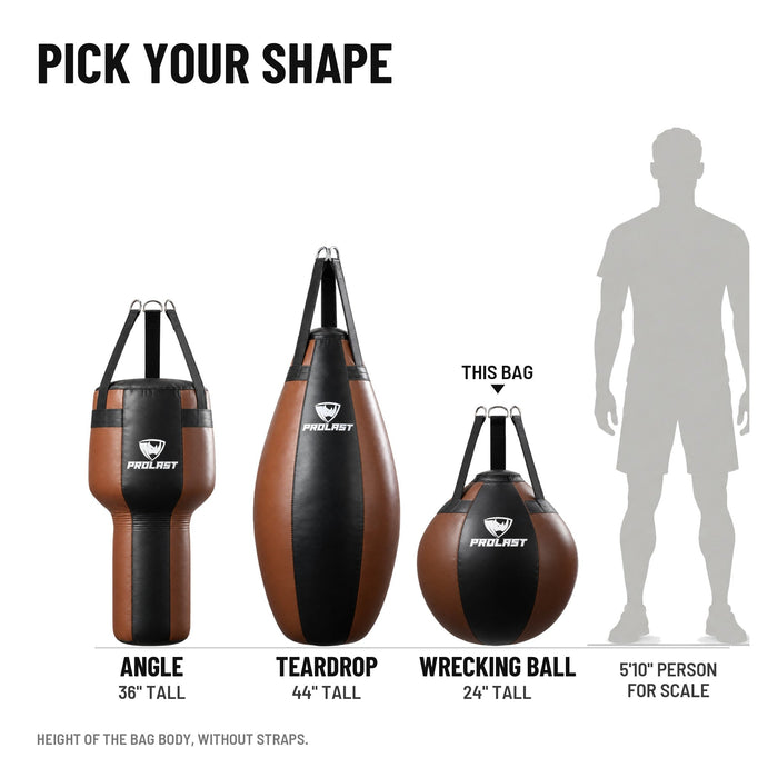 PROLAST angle, teardrop and wrecking ball bags in black and brown, to scale next to a 5 ft 10 in person